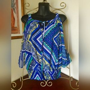 [IZ Byer] FLIRTY Sheer Blue Multi Colour  Top Elastic Waist Women's Medium